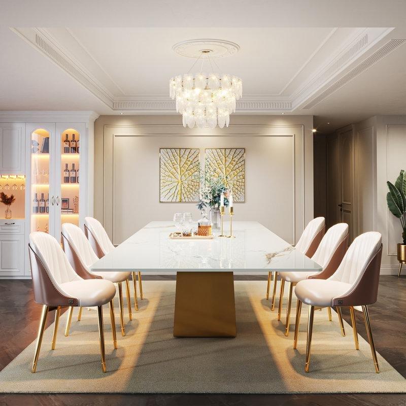 Mermer Beyaz Sinterlı Taş 200 cm Lüks Yemek Masası Gold Metal Ayaklı - 84637