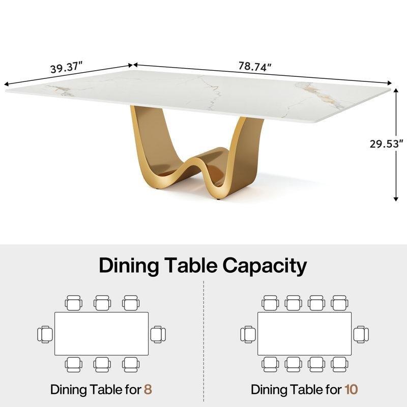 Mermer Beyaz Sinterlı Taş 200 cm Lüks Yemek Masası Gold Metal Ayaklı - 84637