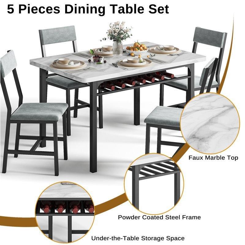 Mermer Desenli 4 Kişilik Yemek Masası Seti 110x70 cm Siyah Çelik Ayaklı - 88030