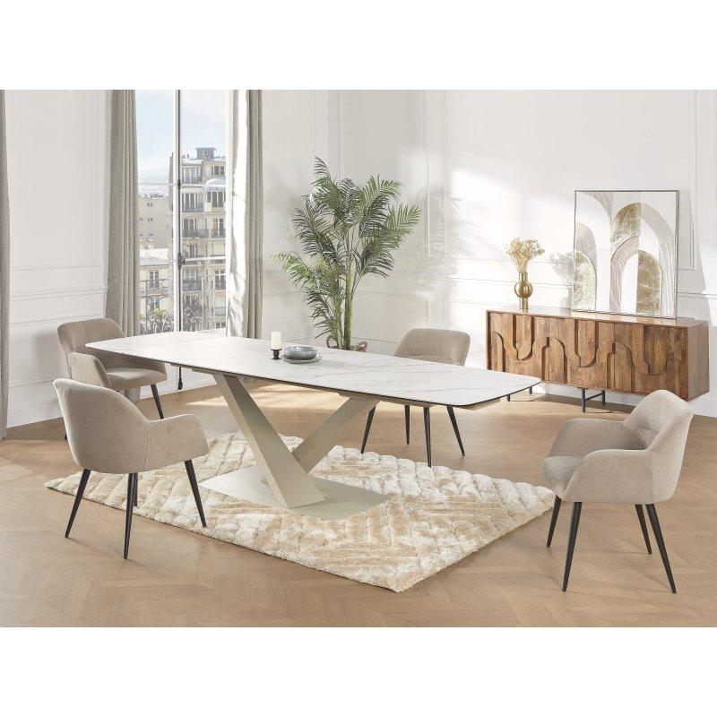 Mermer Desenli Açılır Yemek Masası 220 cm Beyaz Bej Cam Seramik Metal - 83281