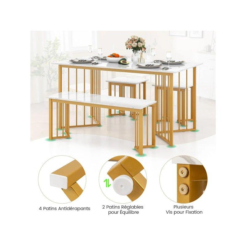 Mermerli Görünümlü Gold Ayaklı 4 Kişilik Mutfak Masası 150x80 cm Bench ve Tabure Seti - 88531