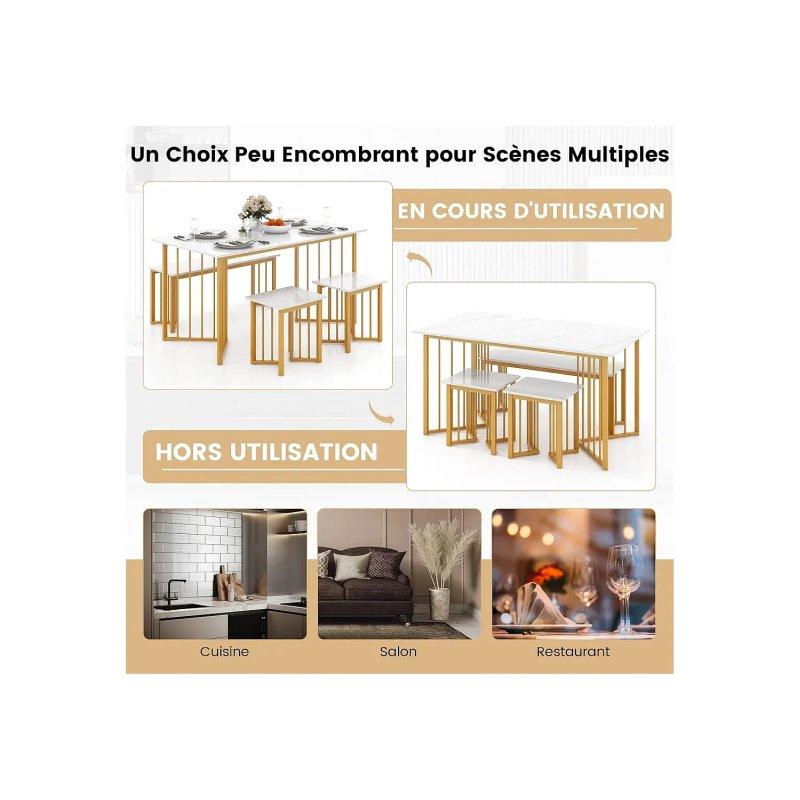 Mermerli Görünümlü Gold Ayaklı 4 Kişilik Mutfak Masası 150x80 cm Bench ve Tabure Seti - 88531