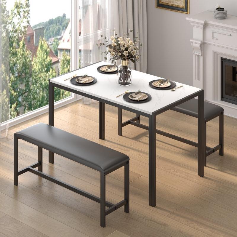 Mermerli Yüzey 4 Kişilik Benchli Mutfak Masası Seti 120x70 cm Siyah Metal Ayaklı - 88768