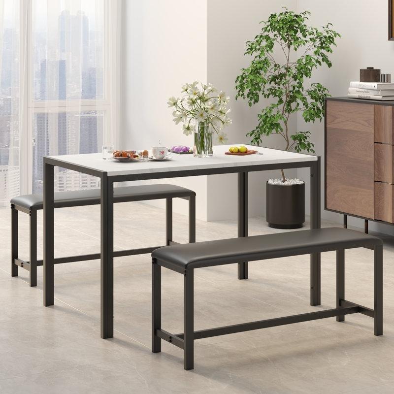 Mermerli Yüzey 4 Kişilik Benchli Mutfak Masası Seti 120x70 cm Siyah Metal Ayaklı - 88768
