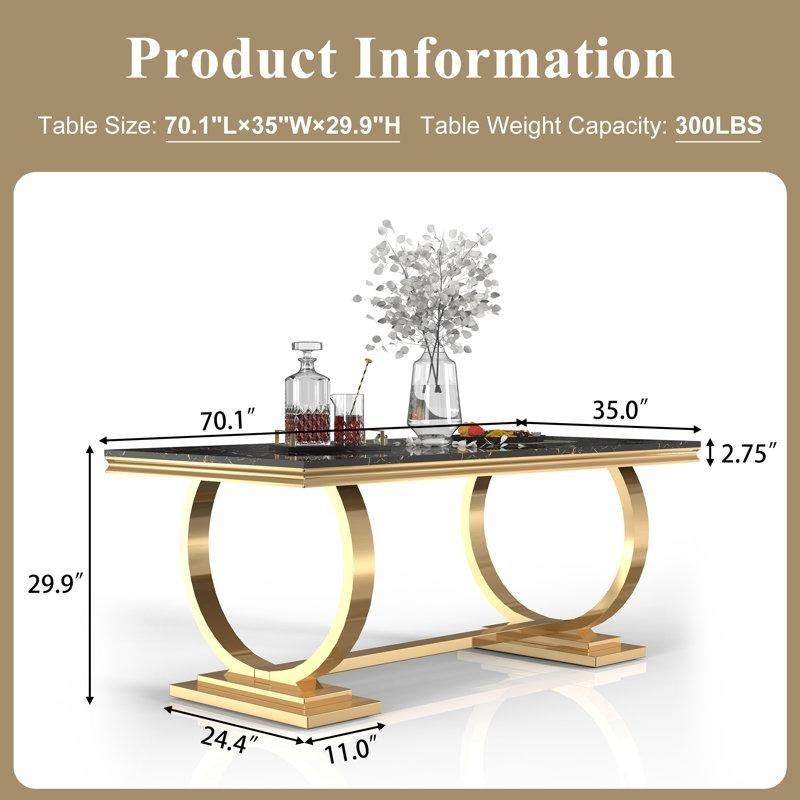 Mermersi Yüzeyli Gold Metal Tabanlı 178 cm Yemek Masası - 86956