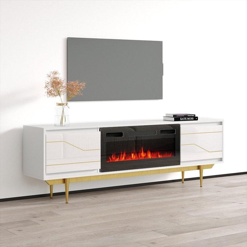 Modern Beyaz Gold Şömineli TV Ünitesi 180 cm Geniş Elektrik Şomineli Konsol - 83131