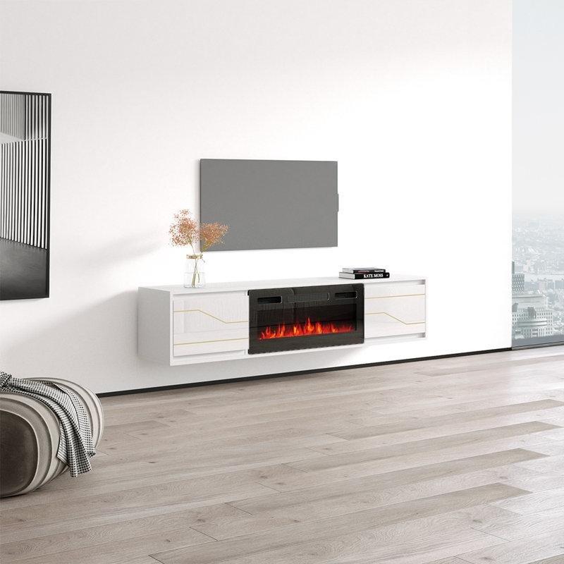 Modern Beyaz Gold Şömineli TV Ünitesi 180 cm Geniş Elektrik Şomineli Konsol - 83131
