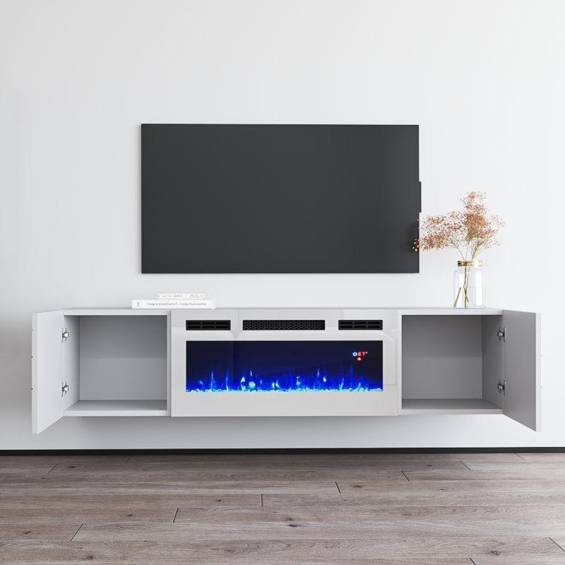 Modern Beyaz Şömineli TV Ünitesi 160 cm Elektrikli Şömine İçeren Duvara Monte Sistem - 83140