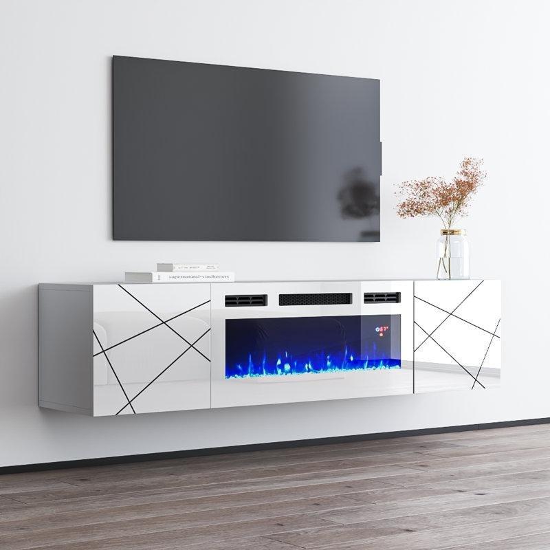 Modern Beyaz Şömineli TV Ünitesi 160 cm Elektrikli Şömine İçeren Duvara Monte Sistem - 83140