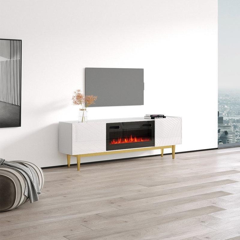 Modern Beyaz Şömineli TV Ünitesi 180 cm Elektrikli Şömine ile - 83170