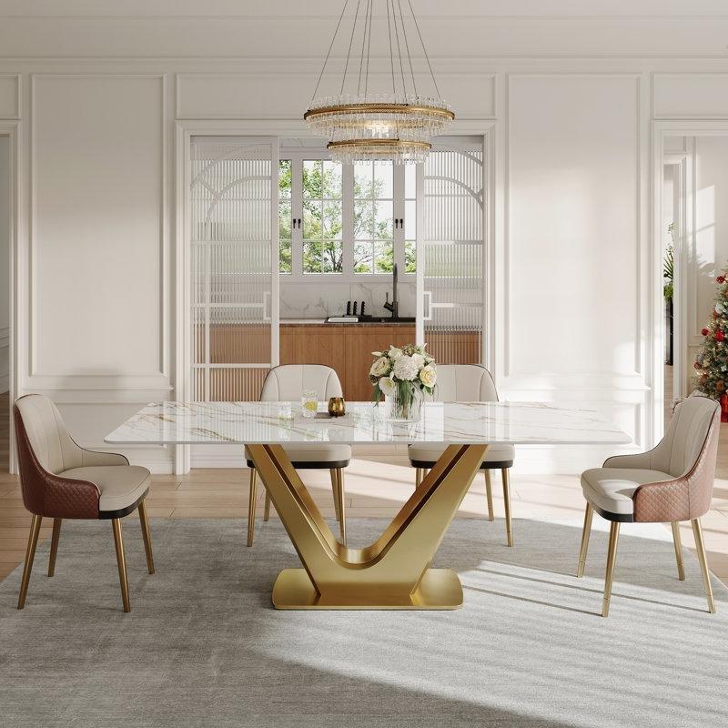 Modern Gold Ayaklı Beyaz Mermer Desenli Yemek Masası 180x90 cm - 86905