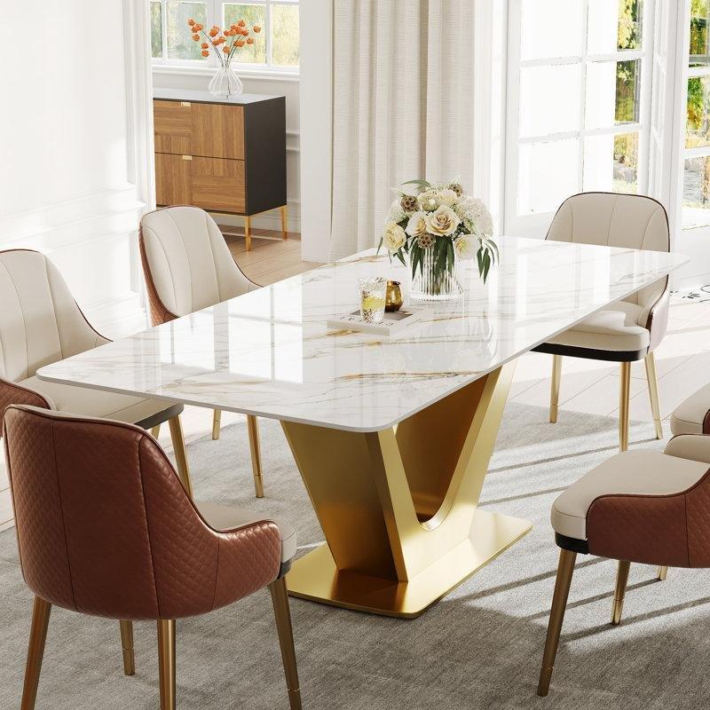 Modern Gold Ayaklı Beyaz Mermer Desenli Yemek Masası 180x90 cm - 86905