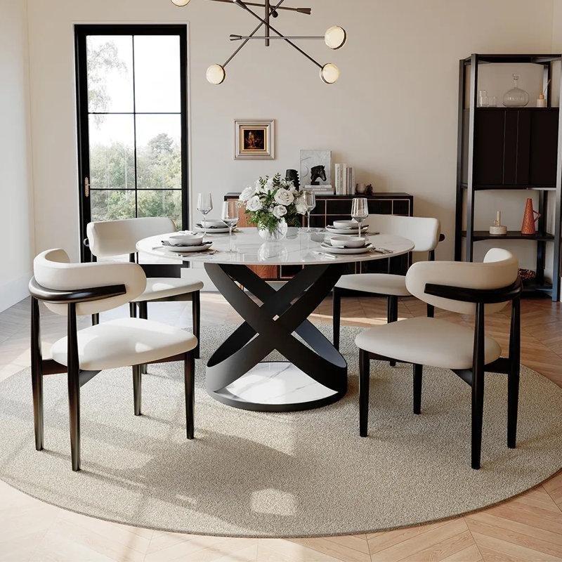 Modern Mermer Desenli Yuvarlak Yemek Masası 130 cm Çapında 4-6 Kişilik - 83737
