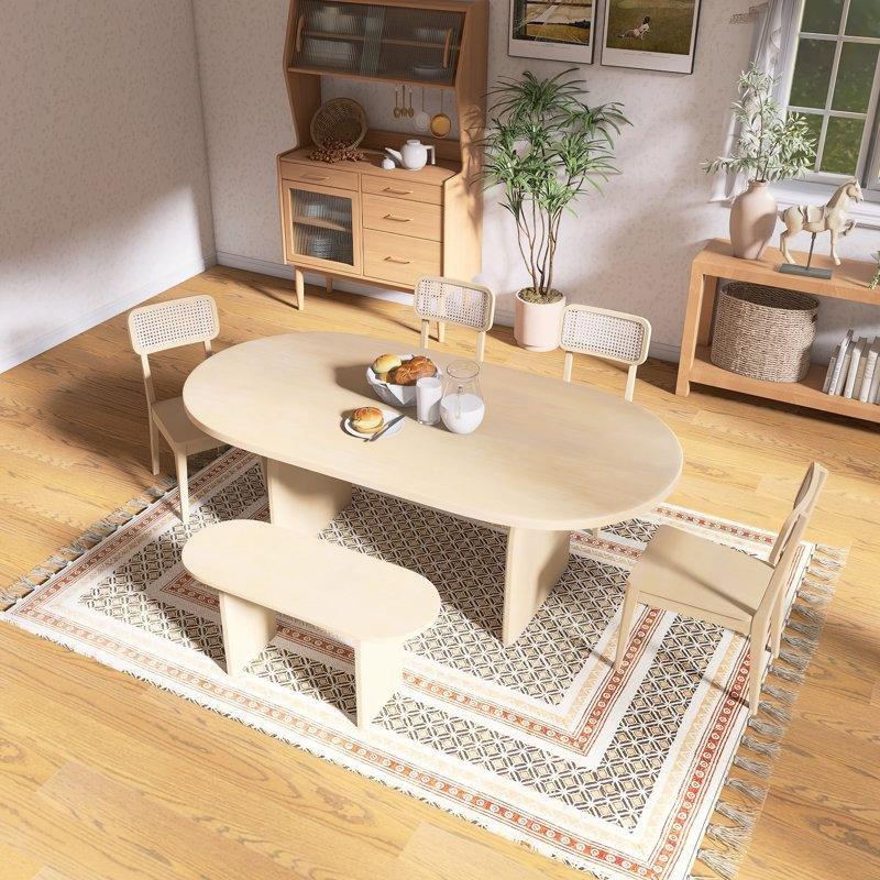 Oval Masif Ahşap 6 Parçalı Hasırlı Yemek Masası Takımı Doğal ve Kahverengi - 88117