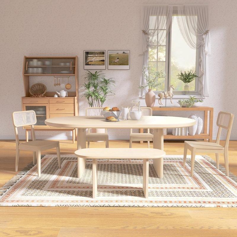 Oval Masif Ahşap 6 Parçalı Hasırlı Yemek Masası Takımı Doğal ve Kahverengi - 88117