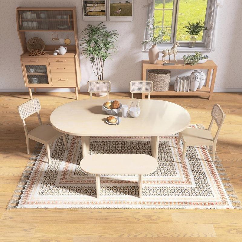 Oval Masif Ahşap 6 Parçalı Hasırlı Yemek Masası Takımı Doğal ve Kahverengi - 88117