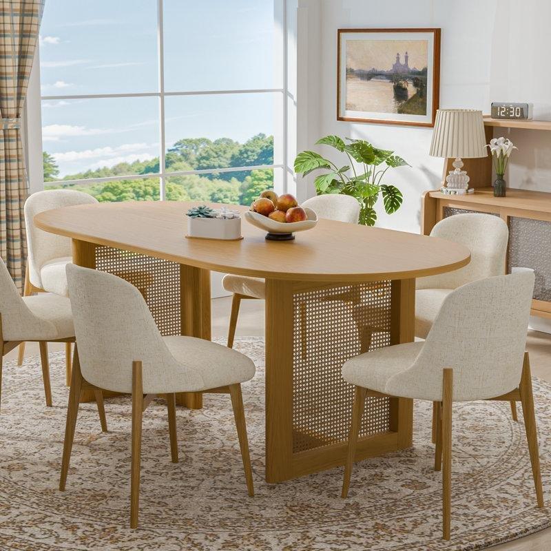 Oval Masif Ahşap Country Yemek Masası 170 cm Bej Kumaş Sandalyeli Set - 86104 Oval Masif Ahşap Country Yemek Masası 170 cm Bej Kumaş Sandalyeli Set - 86104