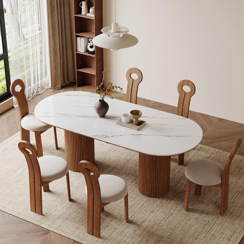 Oval Taş Üstü Endüstriyel Ahşap Tabanlı Modern Yemek Masası 180 cm - 84367