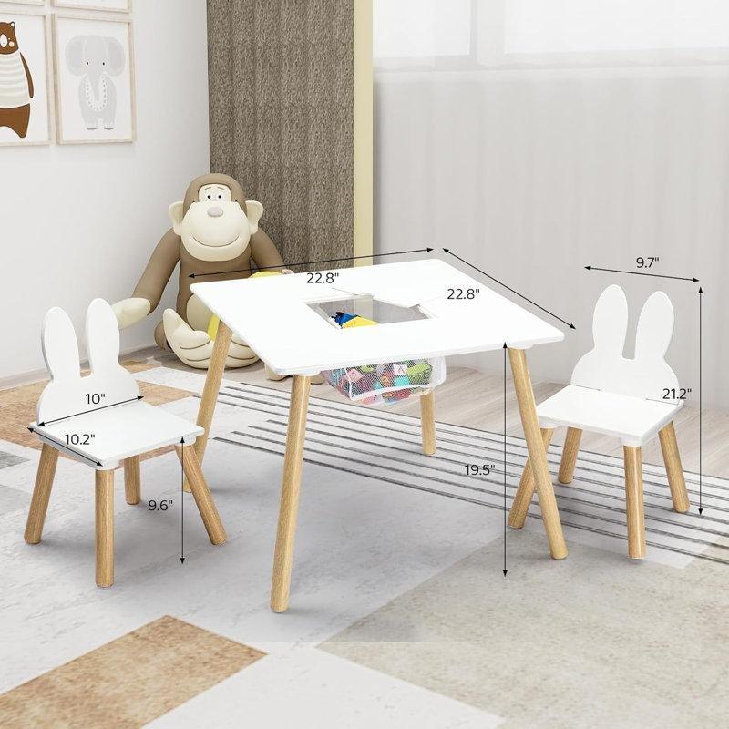 Panda Kulplu Beyaz Çocuk Yemek Masası 58 cm Kare Depolama Bölmeli - 86572