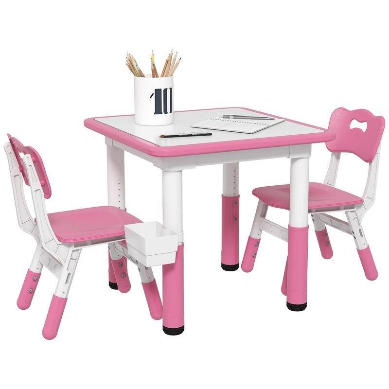 Pembe Endüstriyel Ahşap Çocuk Yemek Masası 60x60 cm Ayarlanabilir 2 Sandalyeli Set - 86533
