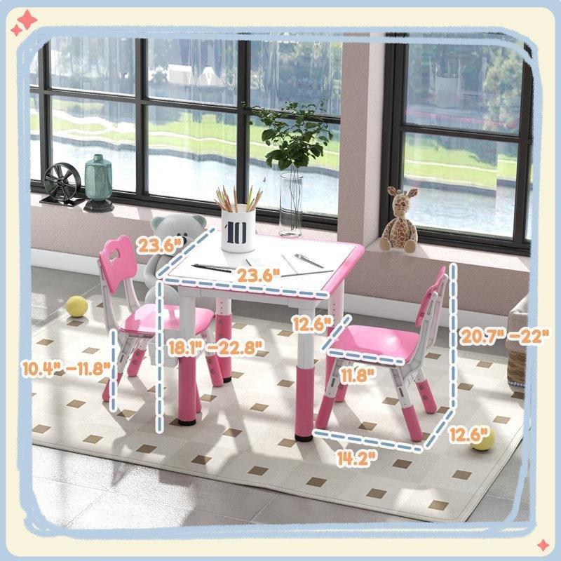 Pembe Endüstriyel Ahşap Çocuk Yemek Masası 60x60 cm Ayarlanabilir 2 Sandalyeli Set - 86533
