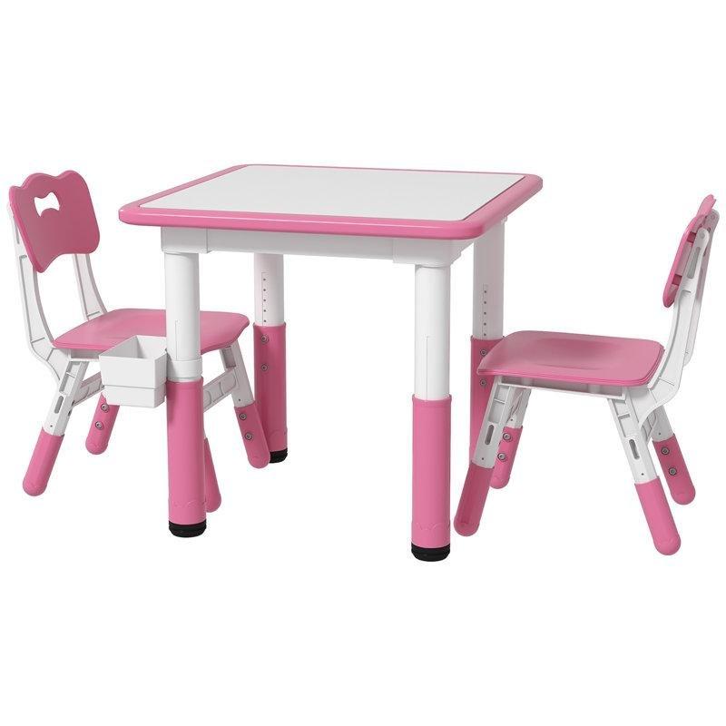 Pembe Endüstriyel Ahşap Çocuk Yemek Masası 60x60 cm Ayarlanabilir 2 Sandalyeli Set - 86533