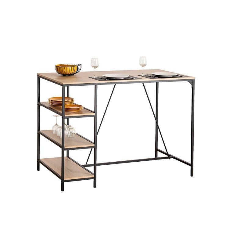 Raflı Bar Tipi Mutfak Masası 140x80 cm Bej Ahşap Siyah Metal - 88618