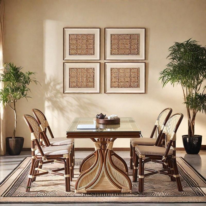 Rattan Çerçeveli Temperli Cam Yemek Masası Takımı 180x80 cm - 88180