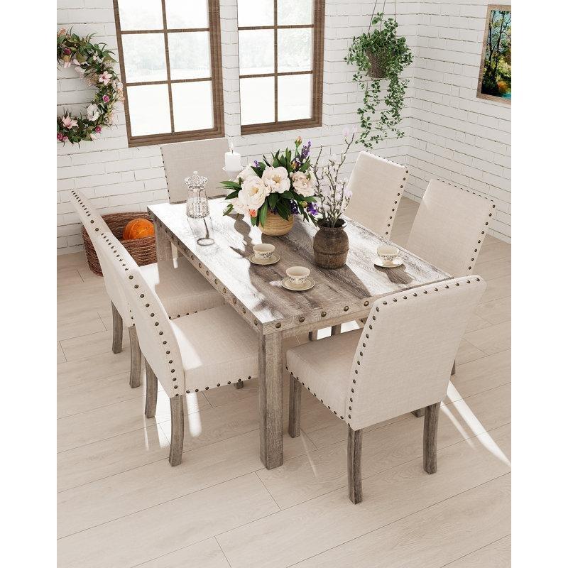 Rustik Ahşap 6 Kişilik Yemek Masası Takımı 152x91x76 cm Bej Kumaş Sandalyeli - 88225