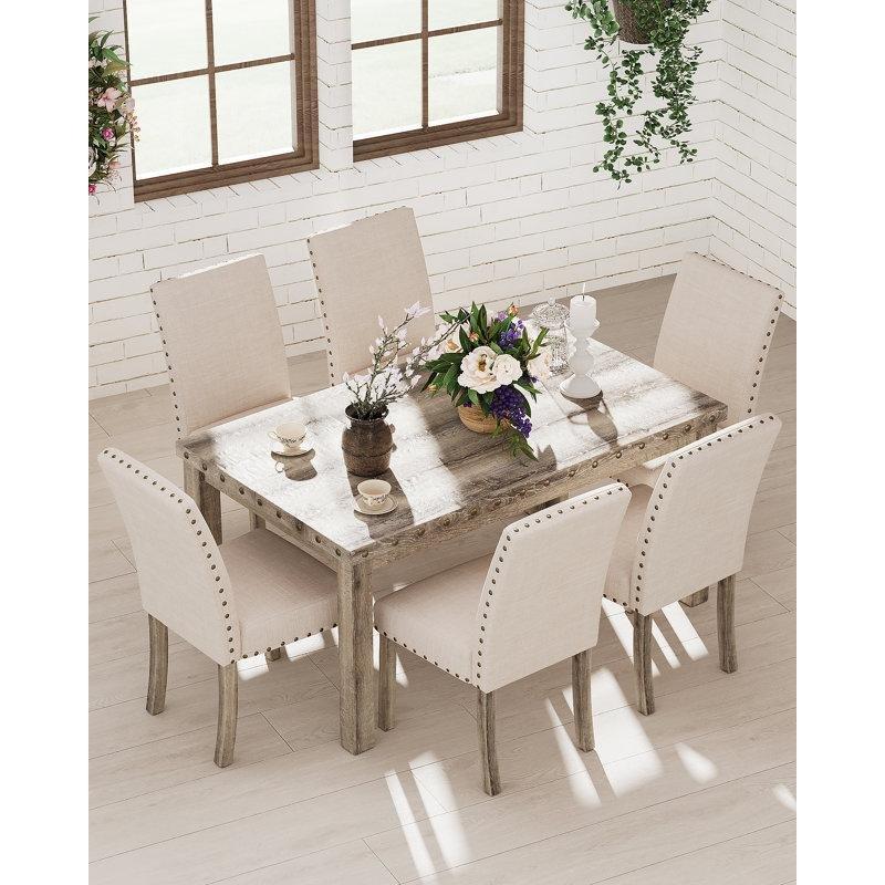 Rustik Ahşap 6 Kişilik Yemek Masası Takımı 152x91x76 cm Bej Kumaş Sandalyeli - 88225