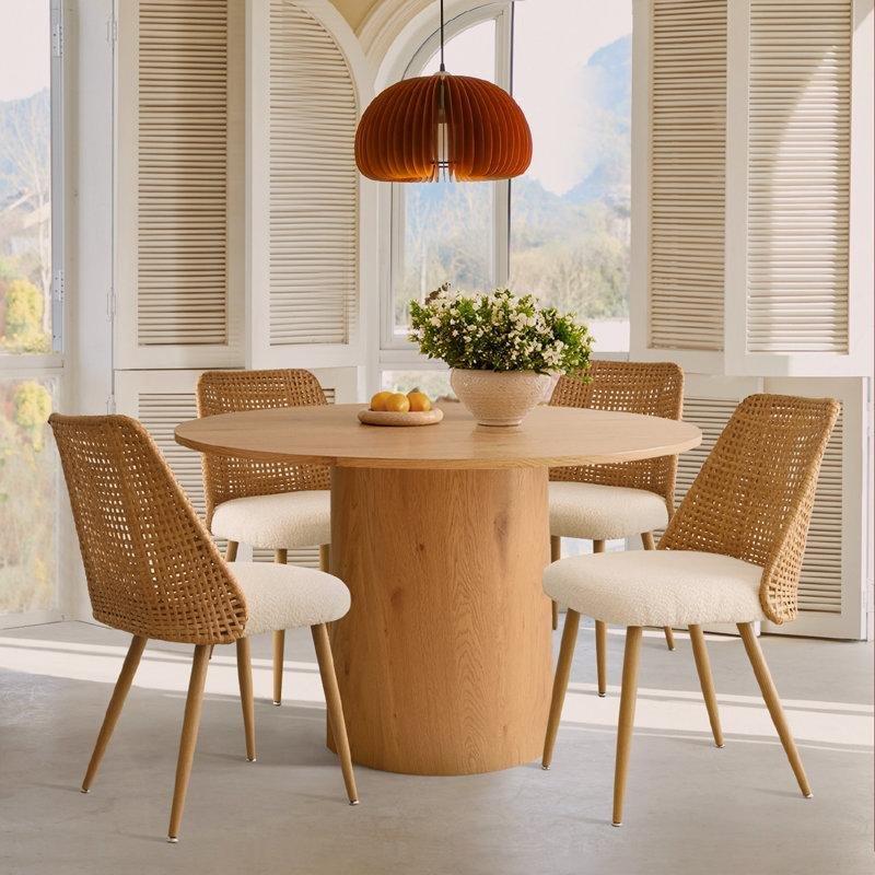 Sarı Endüstriyel Ahşap Yuvarlak Bohem Mutfak Masası 105 cm ve Bej Boucle Kumaşlı 4 Sandalye Seti - 85198.0