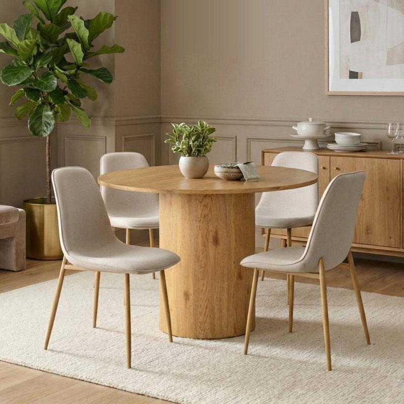 Sarı Endüstriyel Ahşap Yuvarlak Mutfak Masası 105 cm Çapında 4 Kumaş Sandalyeli Oturma Seti - 85822.0