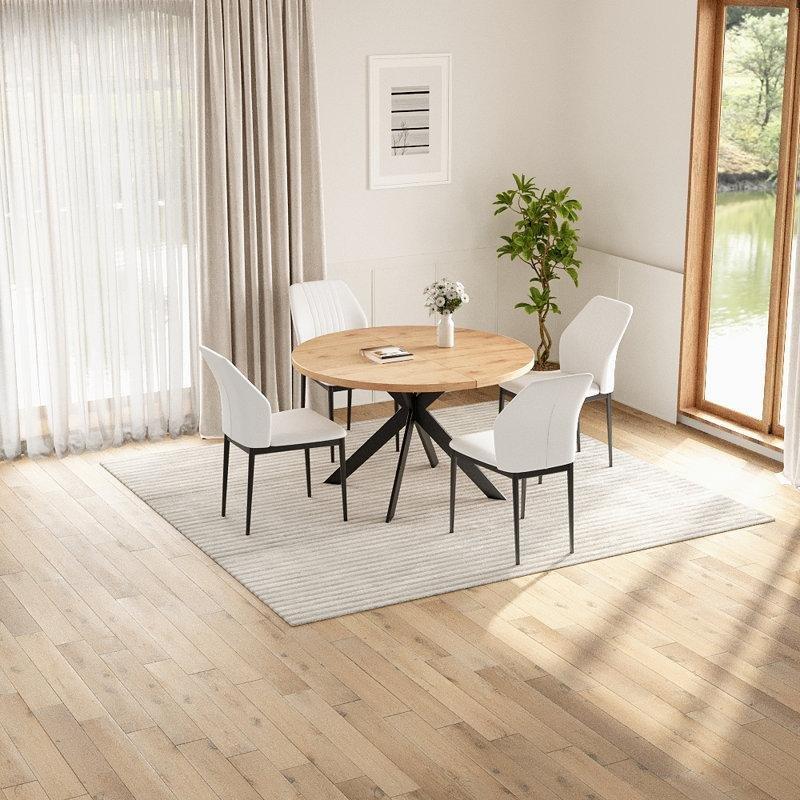Sarı Endüstriyel Ahşap Yuvarlak Mutfak Masası Takımı 118 cm Siyah Metal Ayaklı 4 Sandalyeli - 85708.0