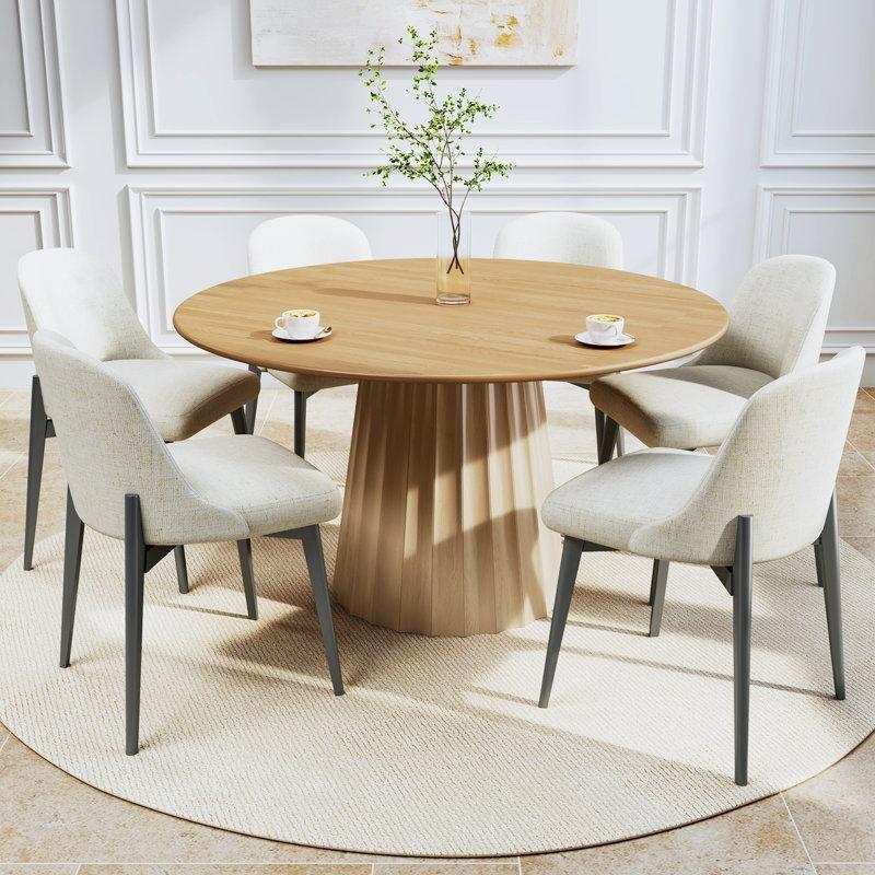 Sarı Masif Ahşap Yuvarlak 6 Kişilik Yemek Masası ve Bej Kumaş Sandalyeler - 86053