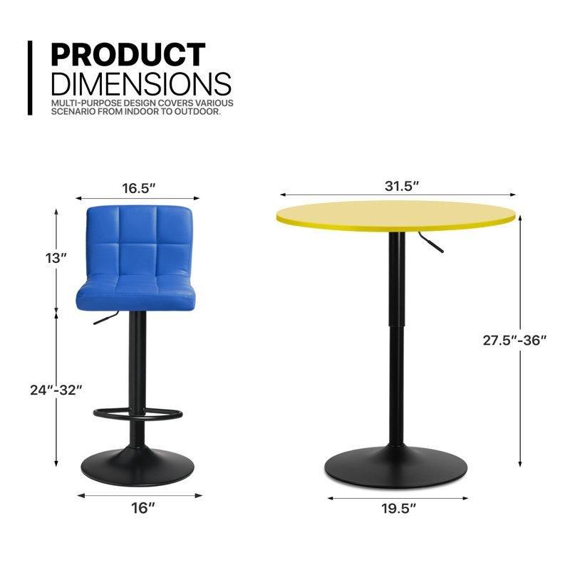 Sarı Yuvarlak Endüstriyel Ahşap Küçük Mutfak Masası 91 cm Yüksekliğinde Mavi Deri Sandalyeli 2 Kişilik Set - 85624.0