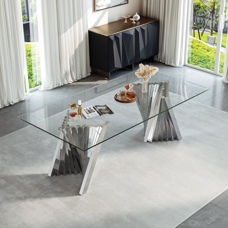 Şeffaf Cam Üstlü Metal Tabanlı Yemek Masası 240x120 cm - 84679