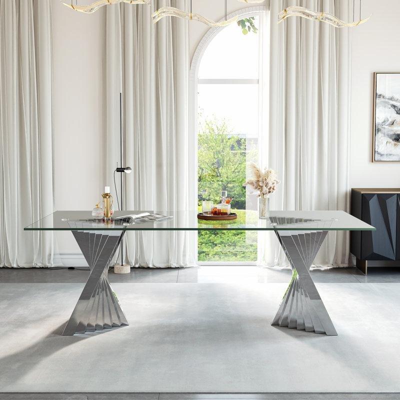 Şeffaf Cam Üstlü Metal Tabanlı Yemek Masası 240x120 cm - 84679