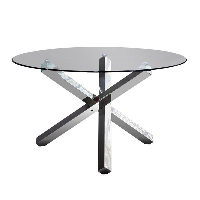 Şeffaf Cam Yemek Masası 137 cm Çapında Paslanmaz Çelik Ayaklı - 84694