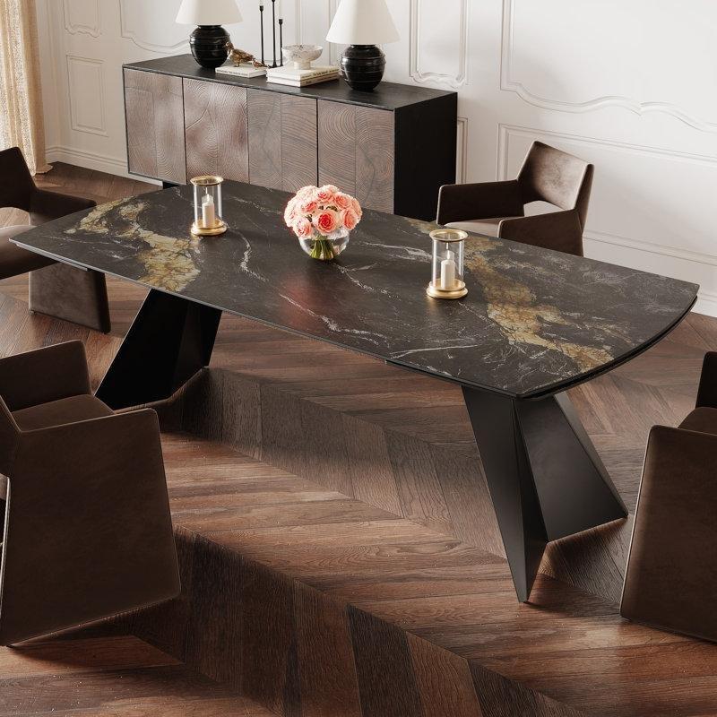 Sinterli Taş Açılır Yemek Masası 200-280 cm Siyah Ayaklı 10-12 Kişilik - 83407