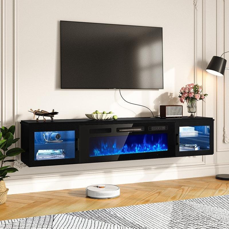 Siyah Endüstriyel Ahşap 178 cm Şömineli TV Ünitesi Duvara Monte LED Aydınlatmalı - 83164