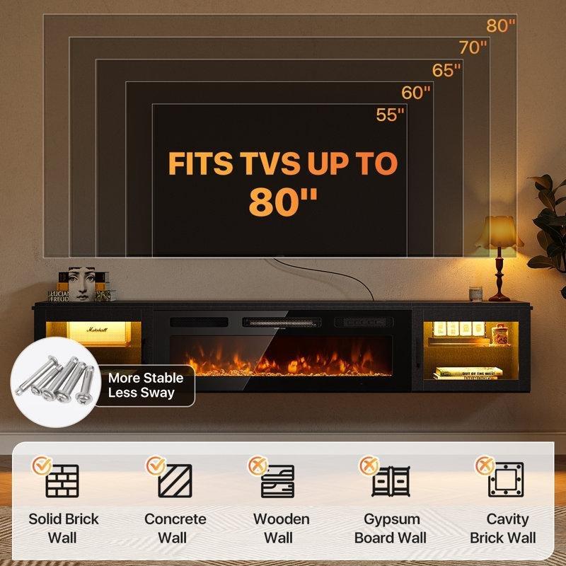 Siyah Endüstriyel Ahşap 178 cm Şömineli TV Ünitesi Duvara Monte LED Aydınlatmalı - 83164
