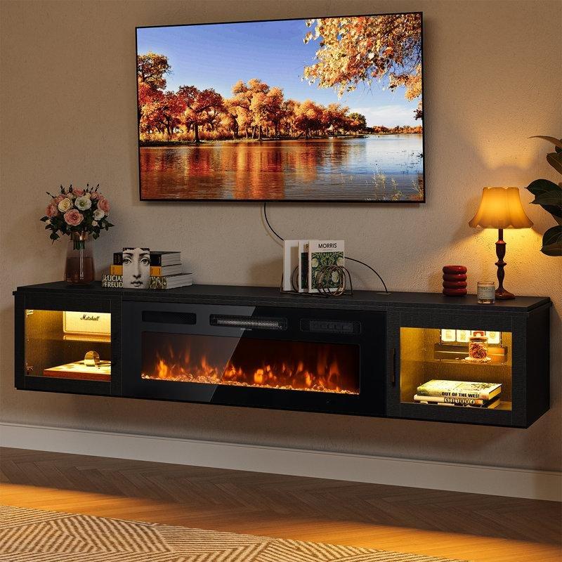 Siyah Endüstriyel Ahşap 178 cm Şömineli TV Ünitesi Duvara Monte LED Aydınlatmalı – 83164