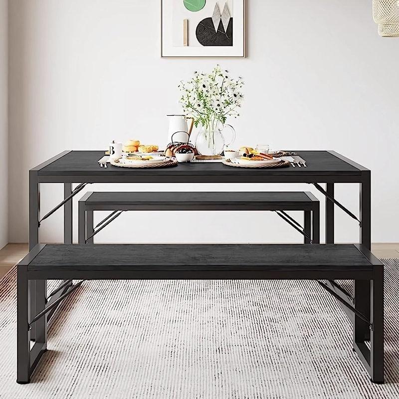 Siyah Endüstriyel Ahşap 4 Kişilik Yemek Masası Seti 48x30 cm - 88066