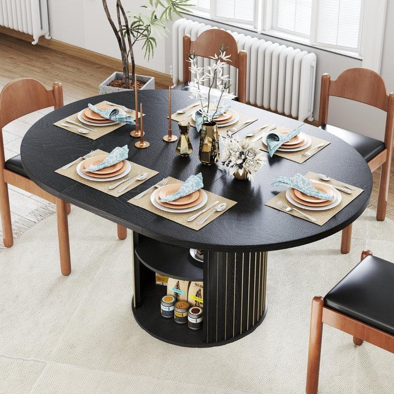 Siyah Endüstriyel Ahşap Genişletilebilir Yuvarlak Yemek Masası 110 cm - 86461