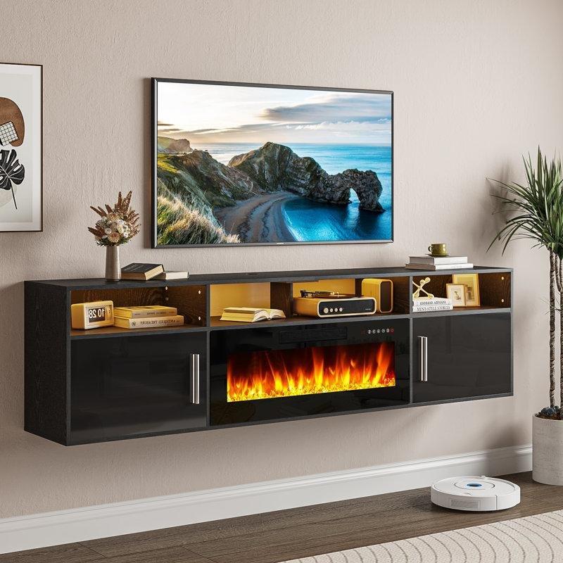 Siyah Endüstriyel Ahşap Şömineli TV Ünitesi Duvara Monte 203 cm – 83149