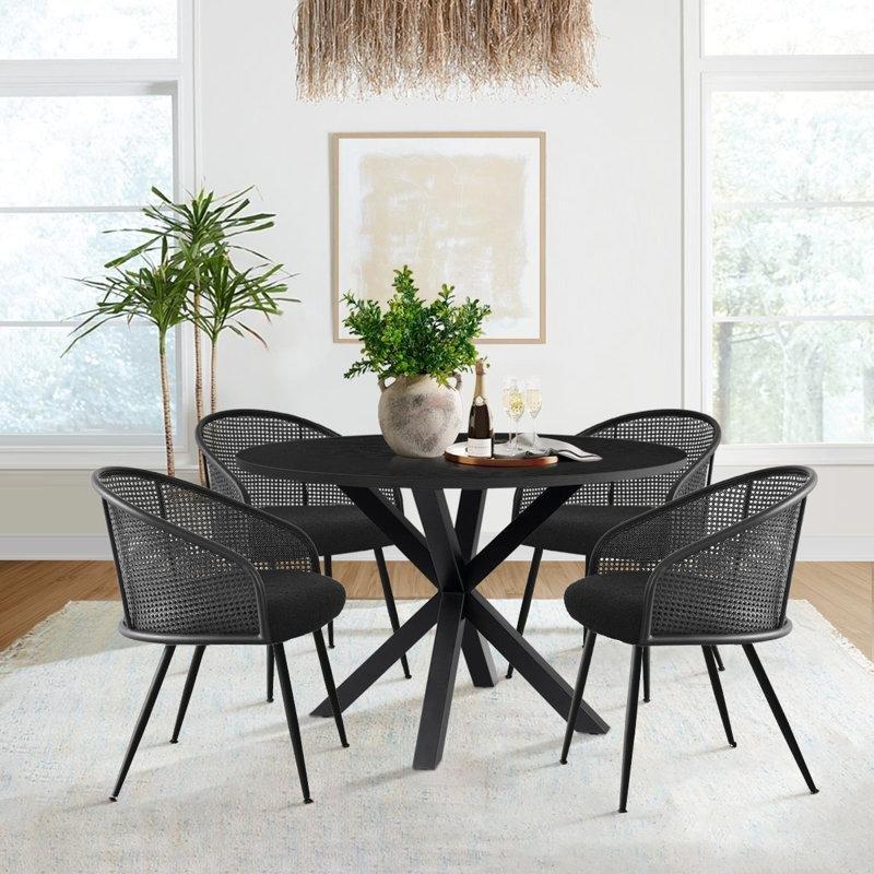 Siyah Endüstriyel Ahşap Yuvarlak Bohem Mutfak Masası 100 cm ve 4 Boucle Sandalyeli Oturma Seti - 85219.0