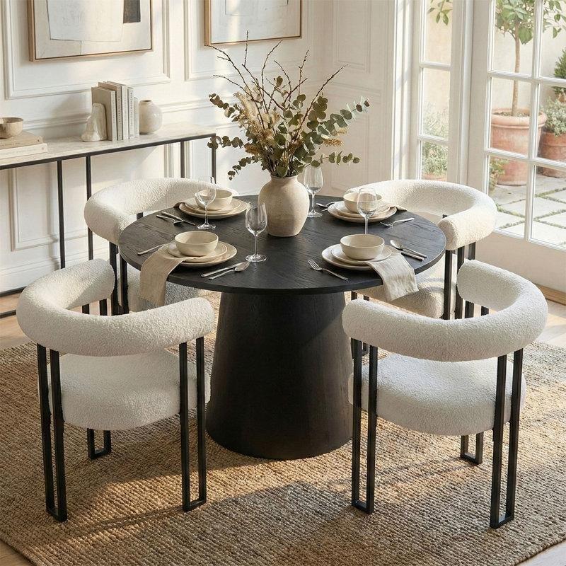 Siyah Endüstriyel Ahşap Yuvarlak Mutfak Masası 117 cm Dönerli Sandalyeli 5 Parçalı Set - 85804.0