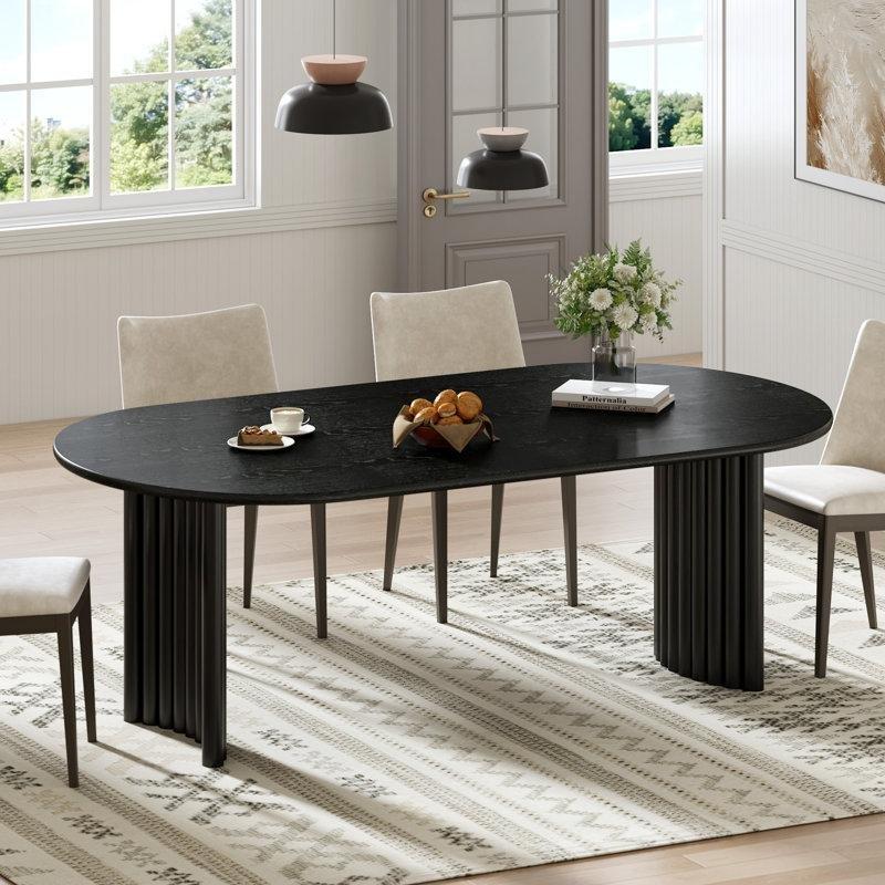Siyah Masif Ahşap Çift Ayaklı Oval Yemek Masası 85 cm x 171 cm - 84427