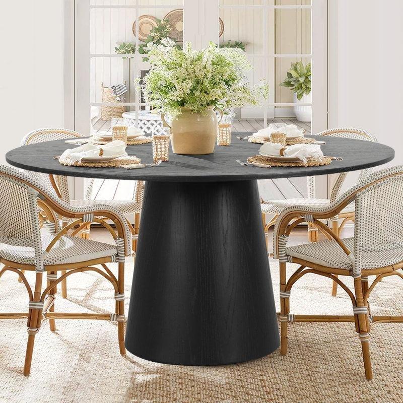Siyah Masif Meşe Yuvarlak Yemek Masası 152 cm Dönerli Ayaklı - 83701