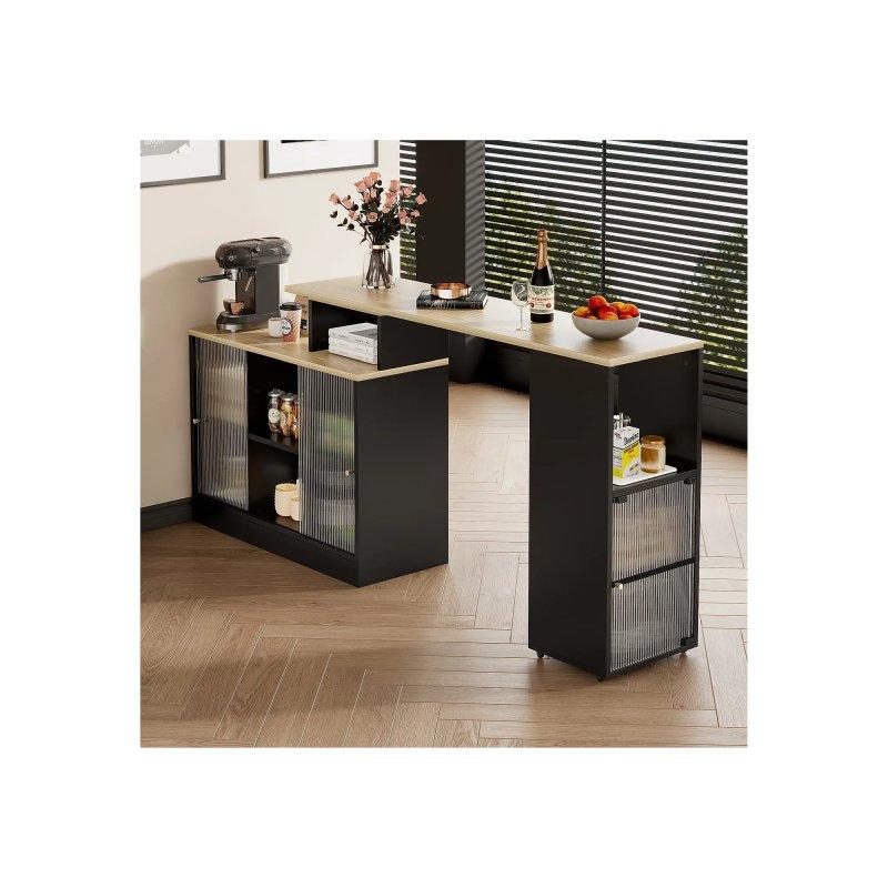 Siyah MDF Cam Kapılı Genişletilebilir Bar Masası 90x100x155 cm - 88546